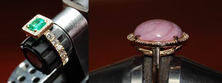 Castle setting used as entourage around an emerald (left) and a rhodonite cabochon (right)